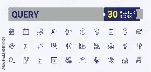 Query modern icons set. Contains related to help, answer, know, talk, hand, discussion, support and more. Simple icon designs. Solid line editable stroke. Vector line and solid icons.