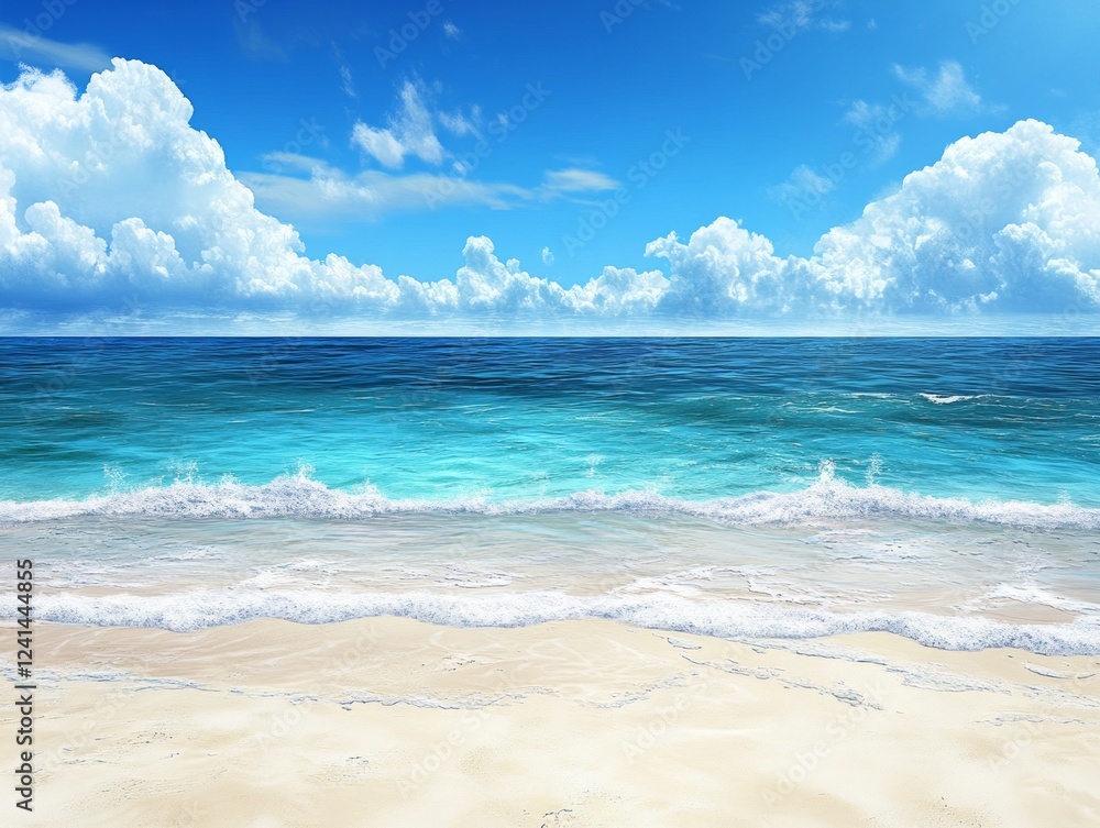 Obraz premium Serene beach with crystal blue water and fluffy white clouds under a bright sky