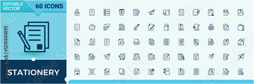 Stationery icons set in linear style. Includes icons for print, message, text, 5d, copy, business, letter and more. Simple line vector. Solid line editable stroke. Vector line and solid icons.