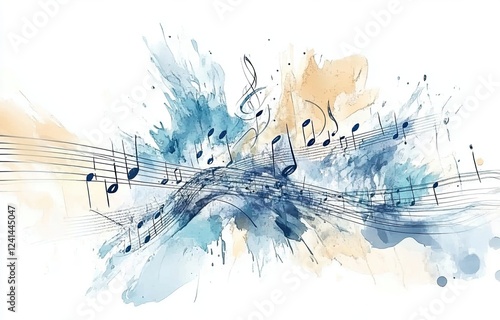 A blue watercolor depiction of an old music sheet. The concept of blues music. An abstract background featuring blue watercolor