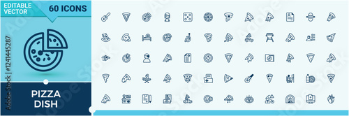 Pizza Dish icon set. Includes thin line drawing, meal, food, cuisine, pizza, bake, cheese, simple. Perfect for logos and infographics. Solid line editable vector illustration.