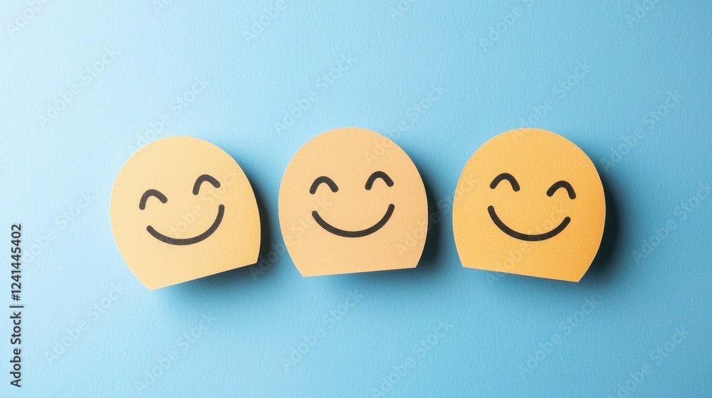 Cheerful Paper Cutout Smiles Against a Light Blue Backdrop Creating a Happy and Playful Atmosphere Cheerful Paper Cutout Smiles Against a Light Blue Backdrop Creating a Happy and Playful Atmosphere