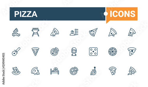 Pizza minimal icon set. Includes icons for graphic, eat, pepperoni, restaurant, burger, menu. Thin outline icons pack. Editable vector outline and solid icons.