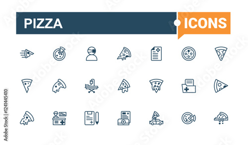 Pizza minimal icon set. Includes icons for graphic, eat, pepperoni, restaurant, burger, menu. Thin outline icons pack. Editable vector outline and solid icons.