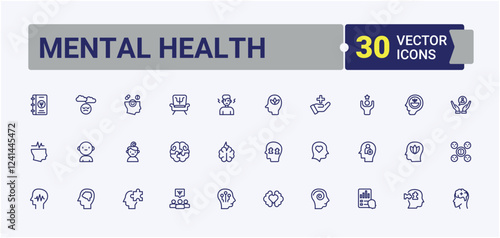 Mental Health icon set. Contains such icons as problem, people, thinks, doctor, psychotherapy, disorder and more. Perfect for logos and infographics. Solid line editable stroke.