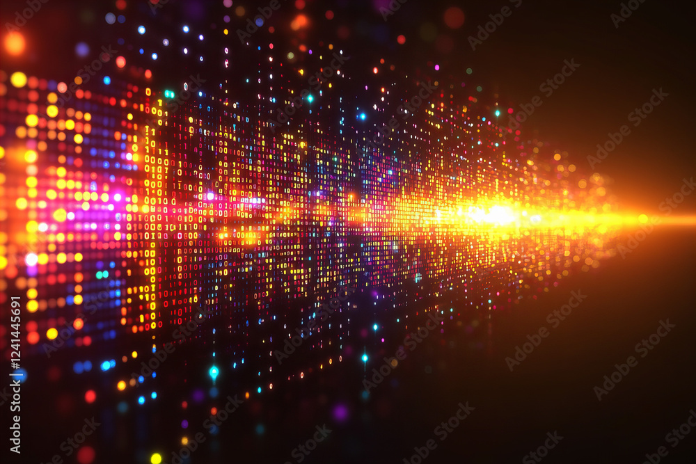 Fototapeta premium Colorful digital data visualization with binary code and light effects, representing technology and information flow in vibrant manner