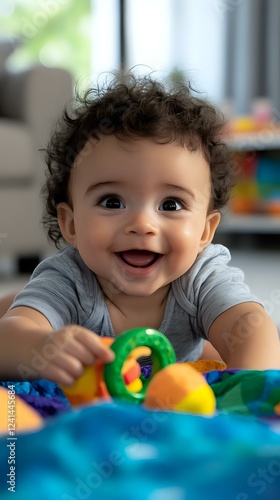 Joyful mixed-race baby with curly hair playing with colorful toys on blue blanket, showing pure happiness and excitement during playtime at home. Great for parenting content.