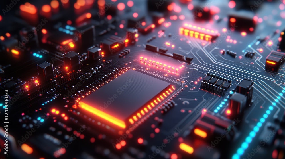 Close-up of a circuit board with glowing components. Close-up of a circuit board with glowing components.