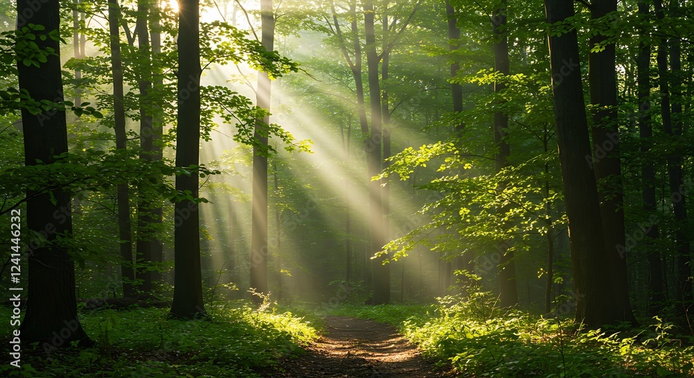 Fototapeta premium Sunlit Lush Green Forest with Radiant Beams Through Trees