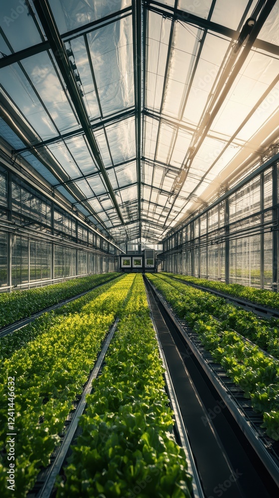 Modern Greenhouse: Rows of Lush Green Lettuce Under Glass Roof Modern Greenhouse: Rows of Lush Green Lettuce Under Glass Roof