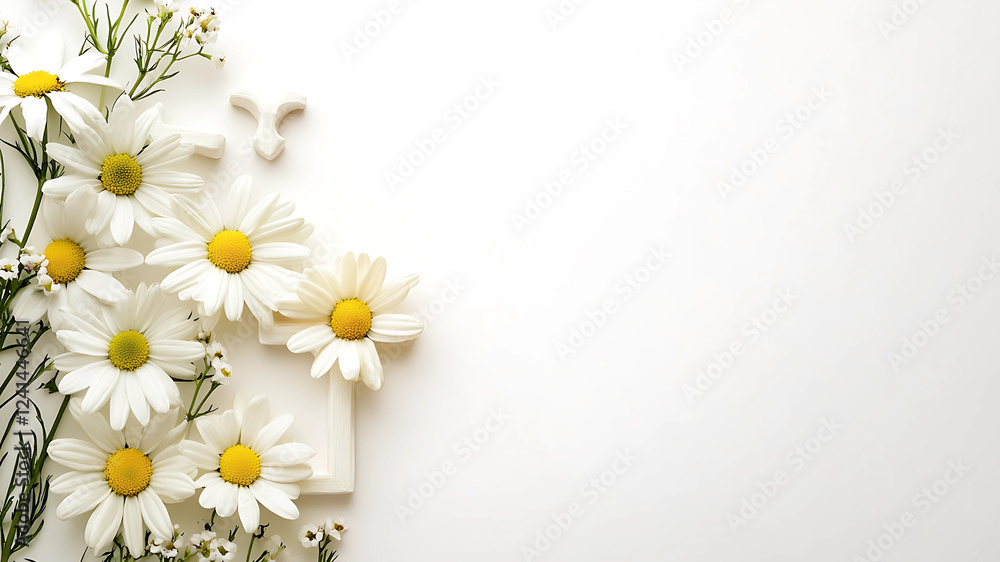 Obraz premium A delicate touch of nature unfolds as daisy blossoms are artistically placed on a clean, white background. This timeless floral banner radiates simplicity and elegance
