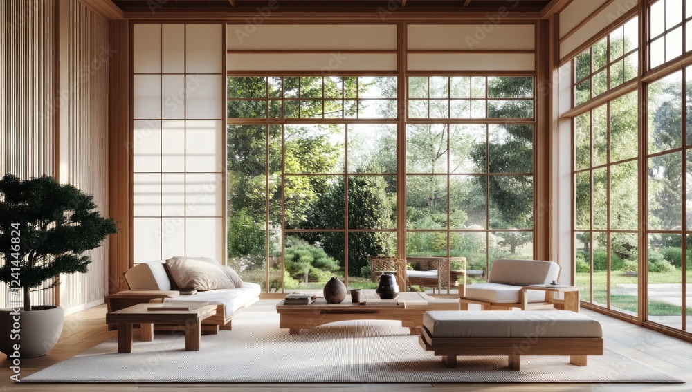 Fototapeta premium Serene Minimalist Japanese-Inspired Living Room Design
