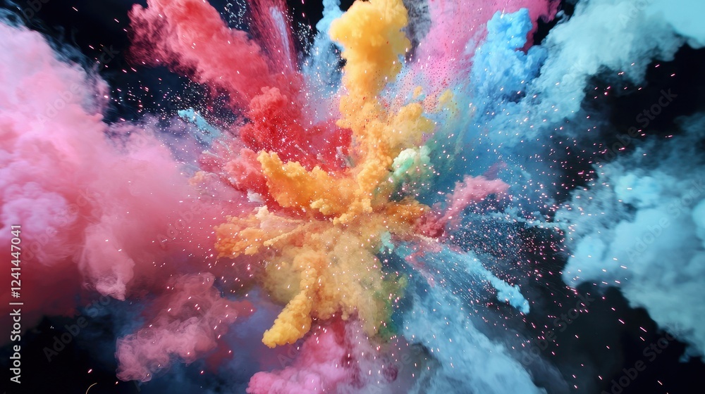 Fototapeta premium Vibrant Explosion of Colorful Smoke and Dust in Dramatic Burst Against Dark Background