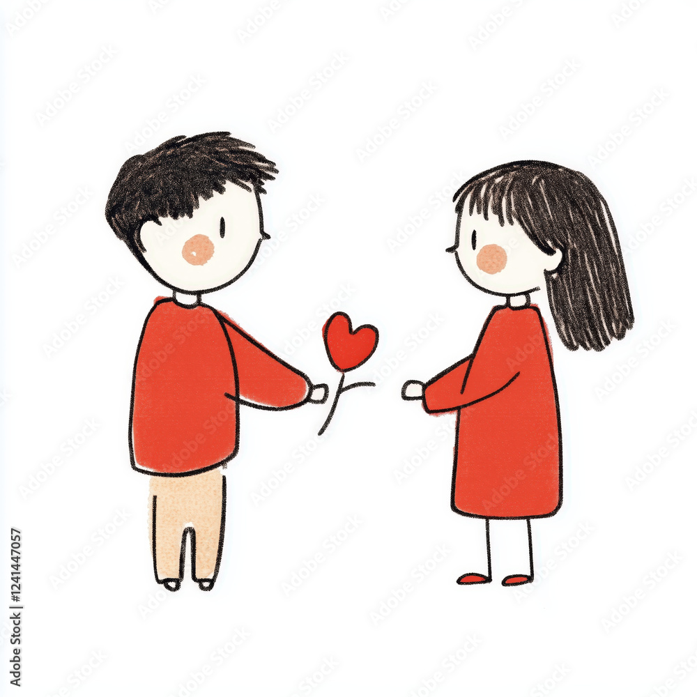 Cute cartoon characters exchanging heart, symbolizing love and affection Cute cartoon characters exchanging heart, symbolizing love and affection