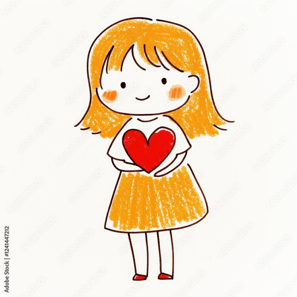 Cute girl holding red heart, wearing yellow dress, smiling joyfully Cute girl holding red heart, wearing yellow dress, smiling joyfully