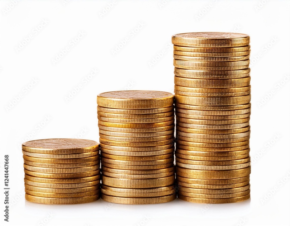 stack of golden coin columns piles of coins isolated on white background stack of golden coin columns piles of coins isolated on white background