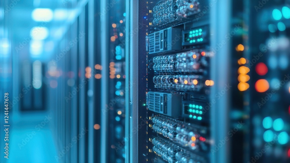 A close-up view of data servers showcasing illuminated panels and connections, highlighting the modern technology used in data storage and management.