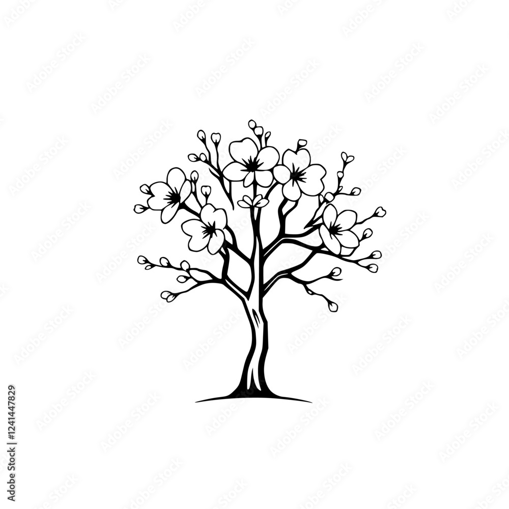 Obraz premium Cherry Blossom Tree: Elegant Black and White Floral Illustration. Perfect for spring-themed designs, home decor, or nature-inspired projects.