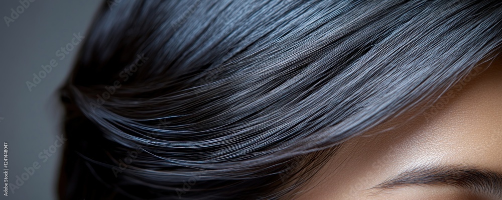 Naklejka premium Woman's dark sleek hair, close-up, studio shot, gray background, haircare ad