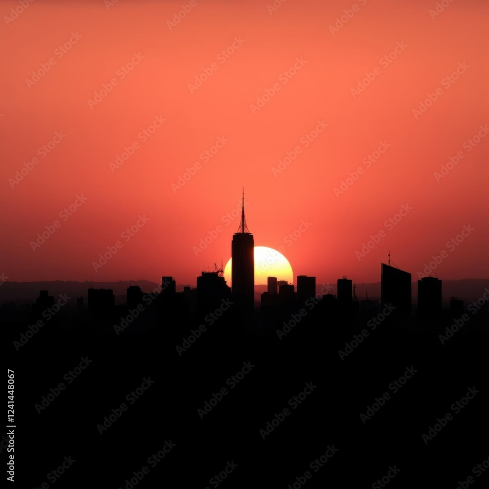 Obraz premium Silhouettes of people in a business meeting inside an office with a vibrant colorful background during the evening sunset silhouetted skyline cityscape architecture illustration building city vector