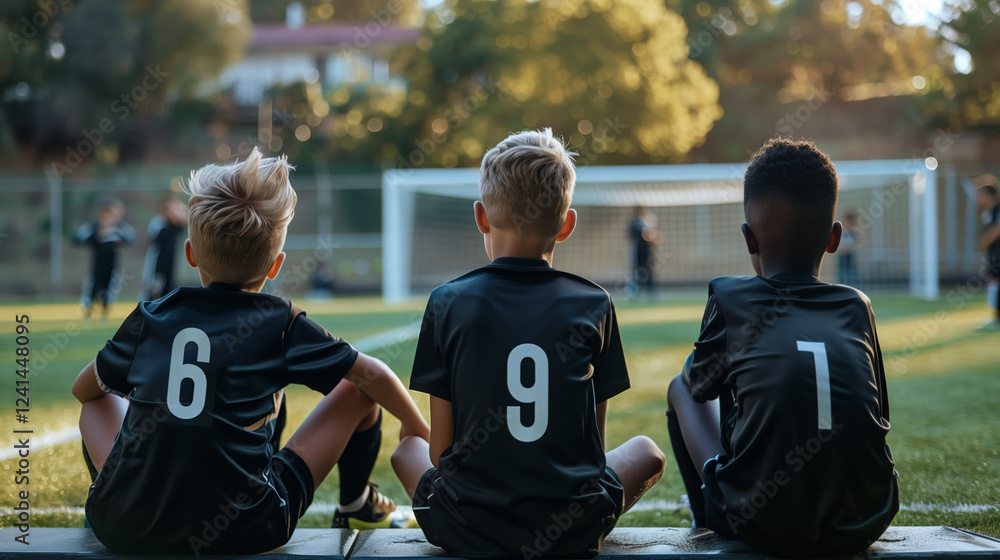 Young soccer players on the bench during a match