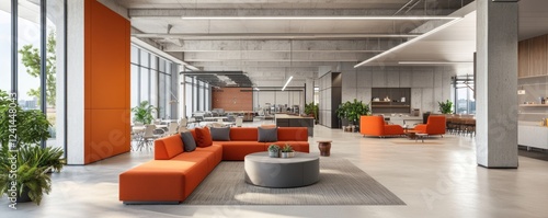Modern office lounge, urban setting, orange seating, open workspace background