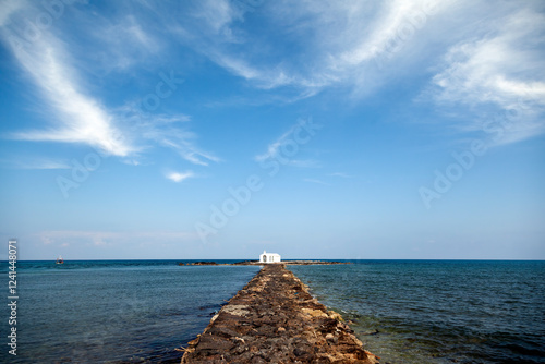 Obraz na płótnie Agios Nikolaos Chapel in Georgioupoli, Crete—an iconic seaside sanctuary offering breathtaking views, tranquility, and a touch of Greek island magic. w salonie