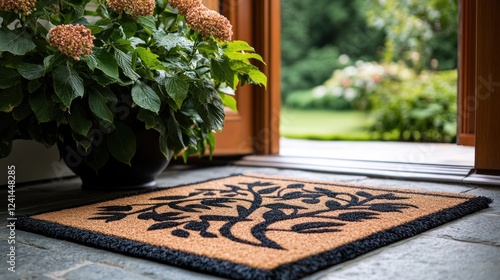 Welcome mat at an open door with greenery outside.