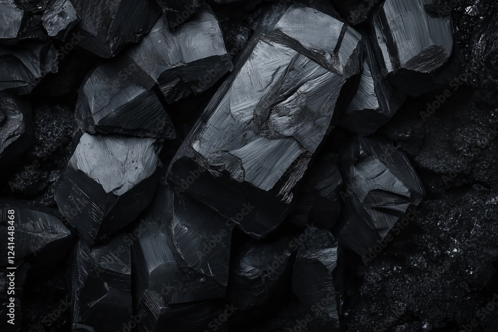 An artistic arrangement of natural charcoal stones with a rich texture is displayed in this image. An artistic arrangement of natural charcoal stones with a rich texture is displayed in this image.