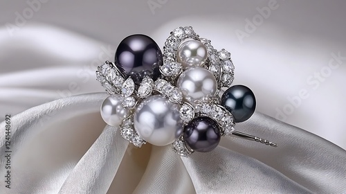 Elegant pearl and diamond brooch on silk.  Jewelry photography for website or catalog photo