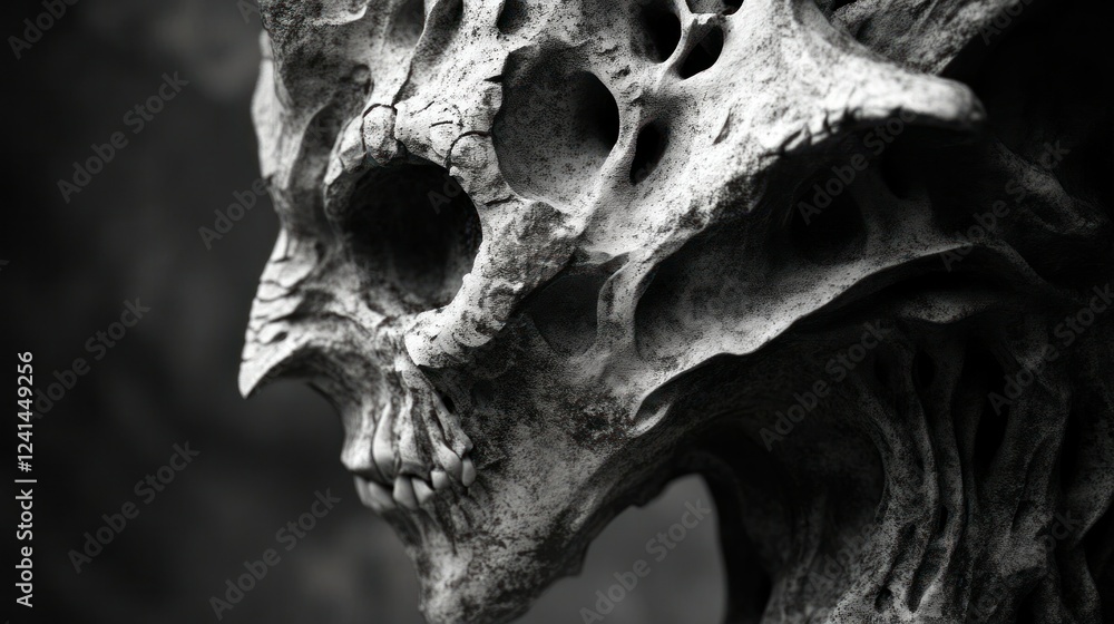 Fototapeta premium A bold and powerful side view of an aggressive sculpture in black and white, with intricate details revealed by a 55mm lens.