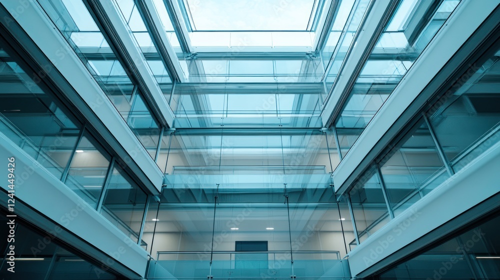 Glass Atrium, Modern Office Building, Interior Design, Skylight, Corporate, Blue Tone Glass Atrium, Modern Office Building, Interior Design, Skylight, Corporate, Blue Tone