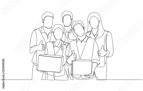 Continuous one line drawing of logistics warehouse staffs giving thumbs up, logistics and warehousing concept, single line art