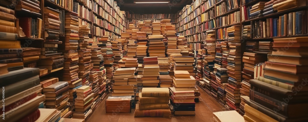 Fototapeta premium Overflowing library aisle, books stacked high, education, knowledge