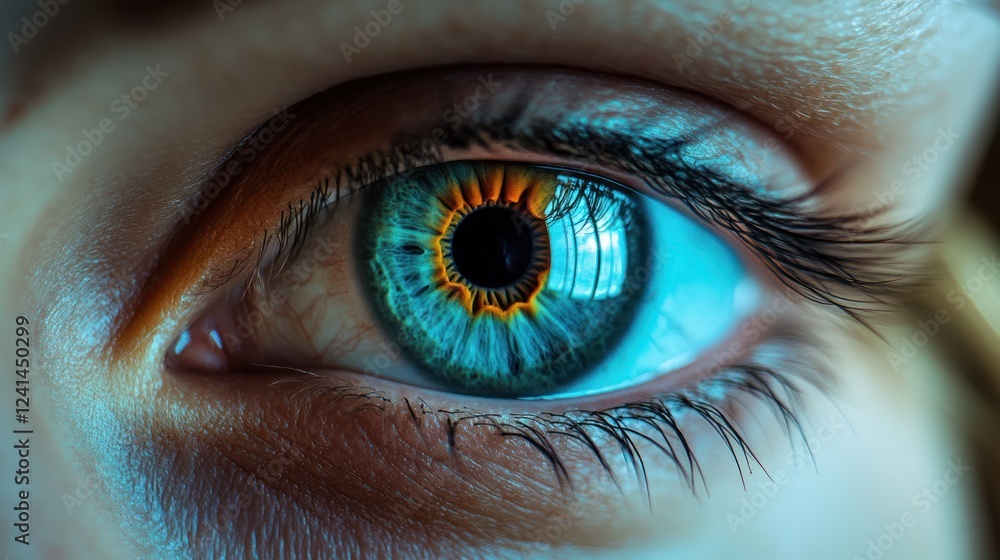 Fototapeta premium Close-up blue eye, sun reflection, forest background, vision test