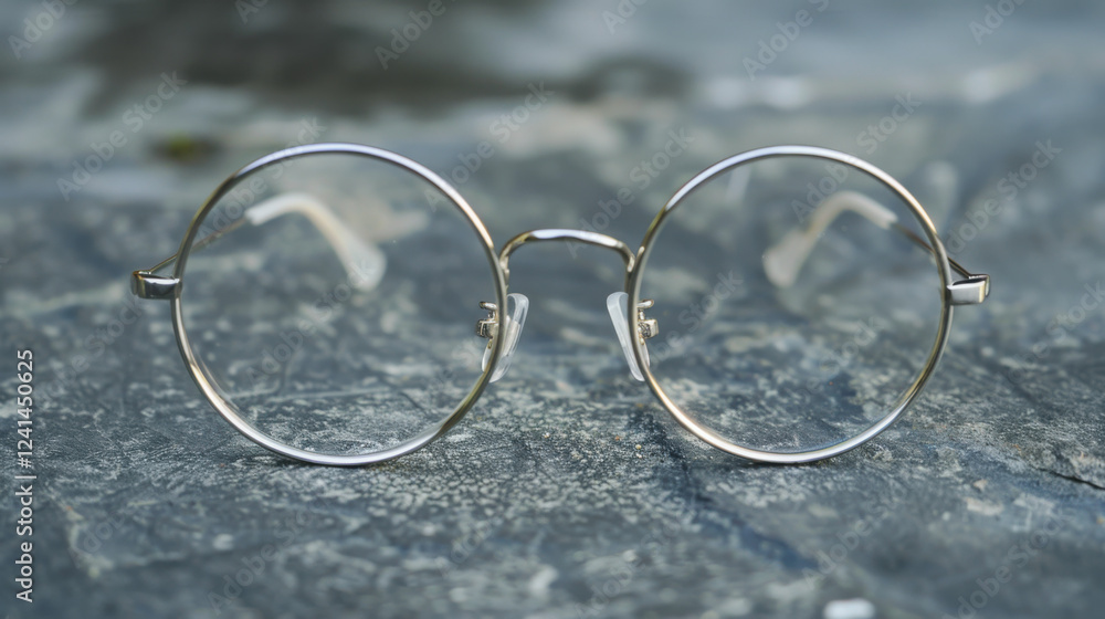 Elegant, round spectacles with a silver frame, perfectly positioned on a lustrous, chrome background. Elegant, round spectacles with a silver frame, perfectly positioned on a lustrous, chrome background.