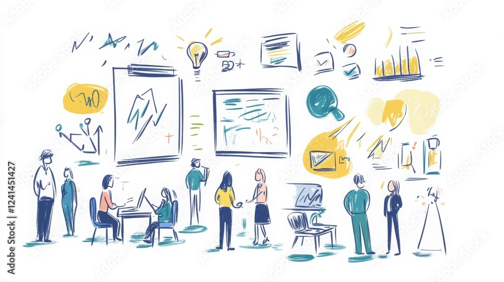 A set of hand-drawn illustrations depicting various business concepts A set of hand-drawn illustrations depicting various business concepts