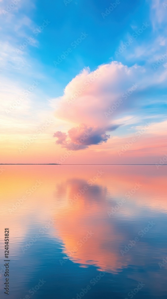 Fototapeta premium Serene sunset reflection over calm waters tranquil lake nature peaceful environment wide angle natural beauty