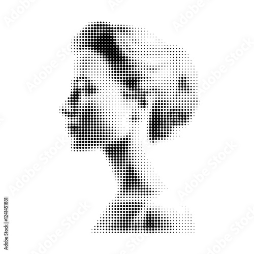 Stylized dot portrait in a minimalist, monochrome aesthetic.