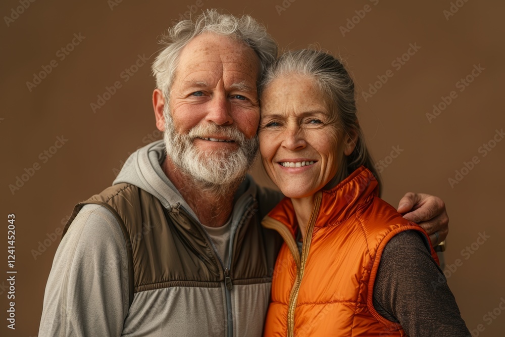 Portrait of a glad caucasian couple in their 60s wearing a lightweight running vest on soft brown background Portrait of a glad caucasian couple in their 60s wearing a lightweight running vest on soft brown background