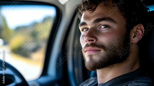 Young bearded Caucasian man with thoughtful expression sitting in car, looking through window during sunny day. Natural lighting creates atmospheric mood.