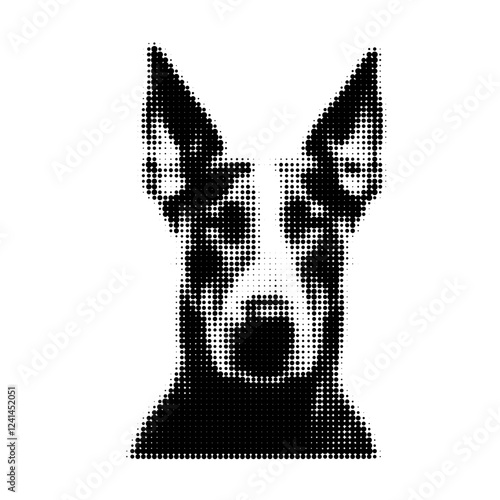 Black and white pixel art depiction of a dog with prominent ears.