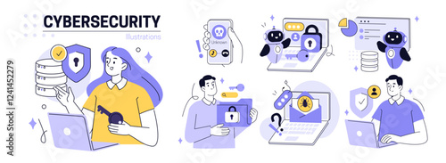 AI technology in security set. Characters using artificial intelligence, algorithms, generative tools for data protection, cybersecurity, privacy, hacking threats prevention. Vector illustration.