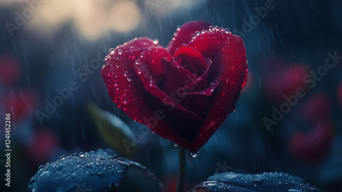 Close-up of a red rose with heart-shaped petals, in the rain, Created with Generative AI technology