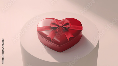 Heart-shaped gift box with bow, on pedestal, Created with Generative AI technology