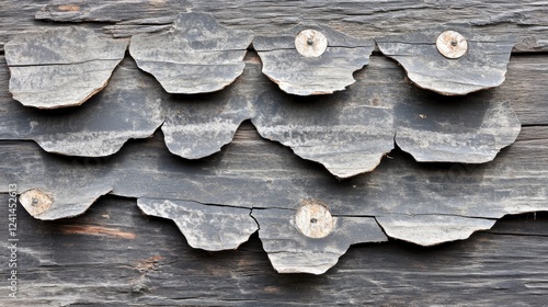 Overlapping Weathered Wooden Shingles Abstract Texture, Close-up, Grey, Rusted Nails Wood texture, shingle texture photo