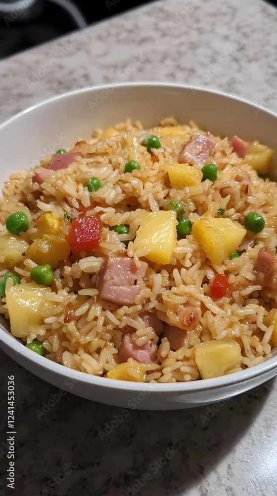 Hawaiian pineapple fried rice with ham and bell peppers. Hawaiian pineapple fried rice with ham and bell peppers.