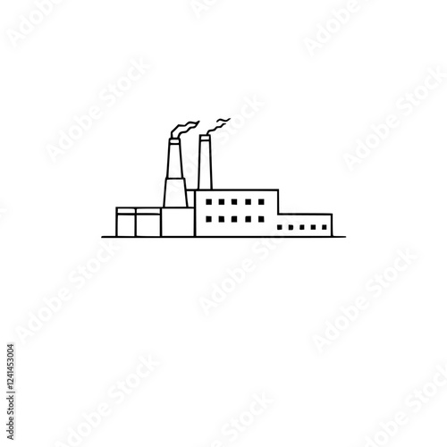 Industrial Factory Building: Minimalist Line Art Design.  A simple, clean vector illustration of a factory with chimneys, perfect for industrial design projects or presentations.