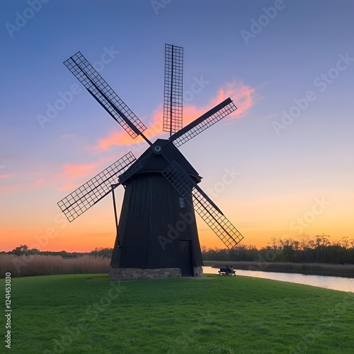 Sunset at the windmill Charlotte in Geltinger Birk, nature reserve Schleswig Holstein, Nieby, Germany. photo