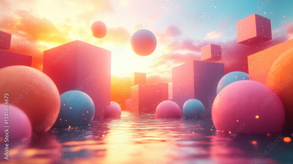 Surreal landscape with colorful spheres and geometric shapes reflecting in water at sunset. Surreal landscape with colorful spheres and geometric shapes reflecting in water at sunset.